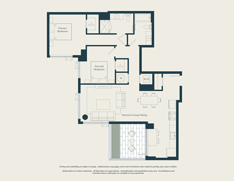 Floor plan for 2 beds, 2 baths, 1069 sqft